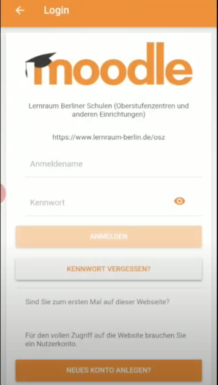 Screenshot Moodle App Anmeldung